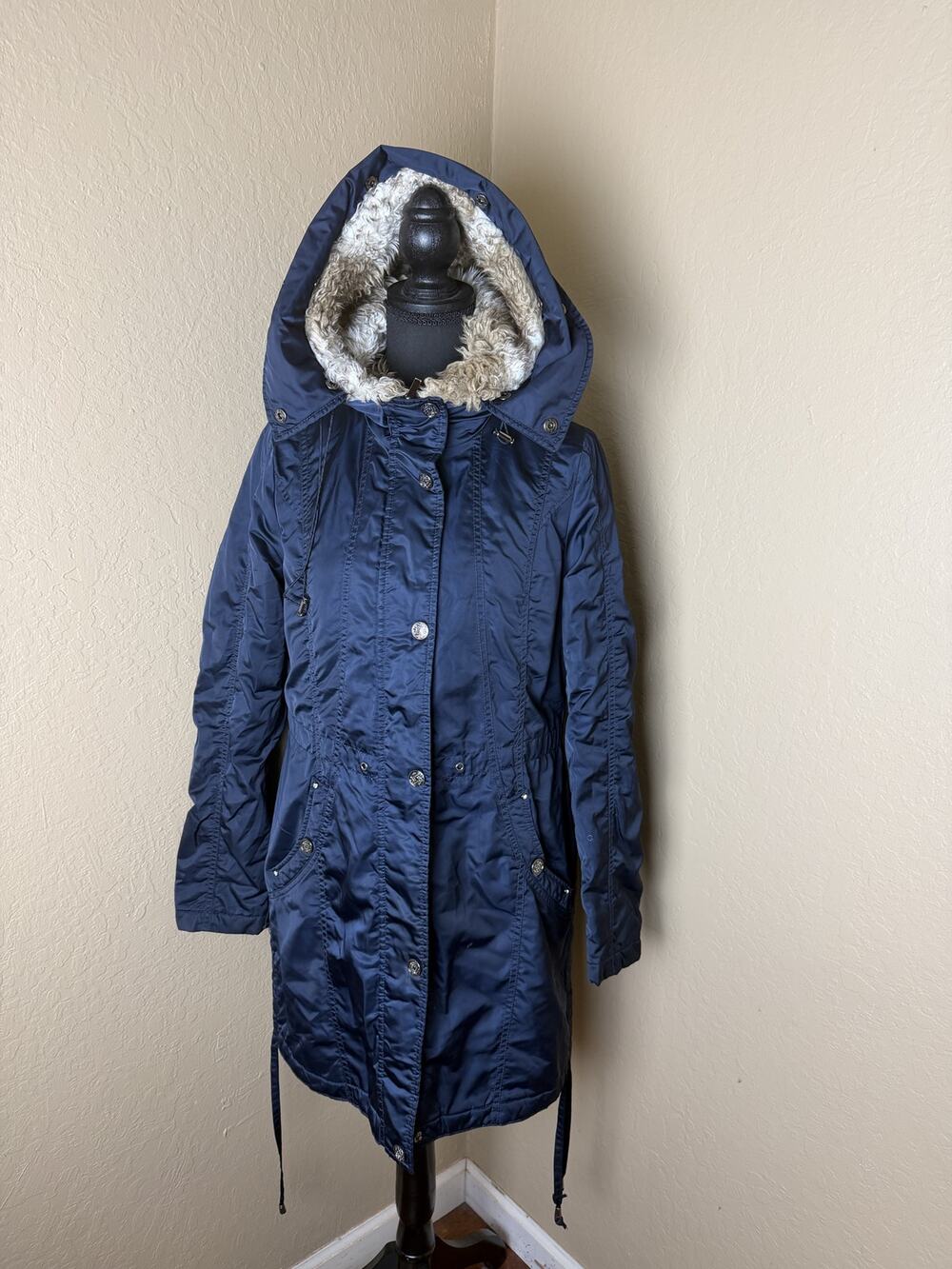 Laundry by Shelli Segal Women's S Navy Hooded Parka Faux Fur Leopard Lined Coat